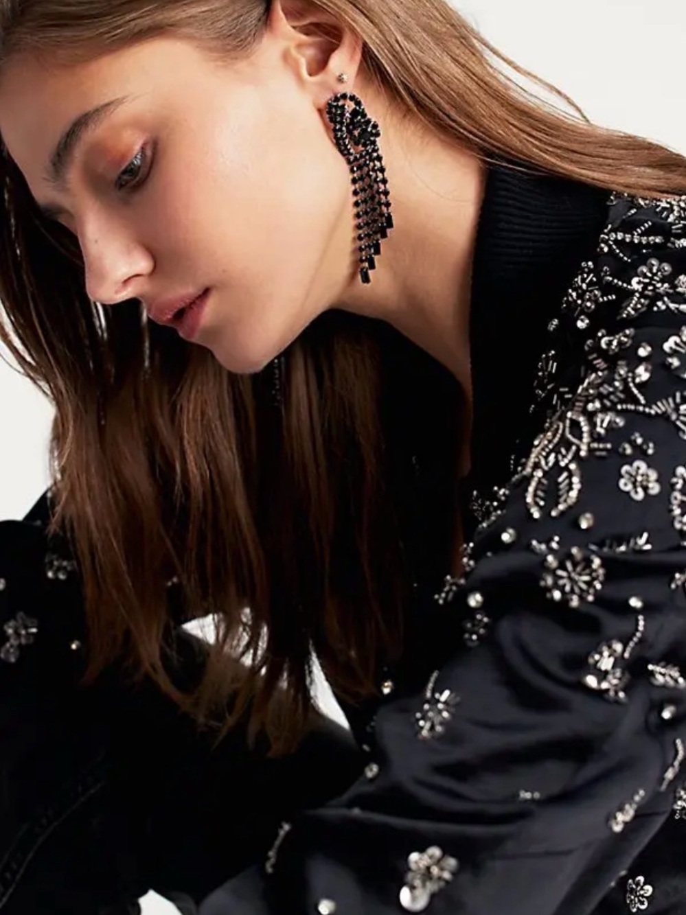 Free People NWT Follow the Rhythm Black Rhinestone Drape Earrings
